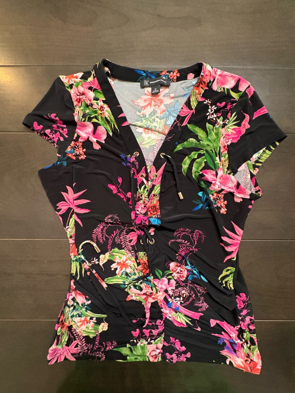 INC International Concepts Black Floral Lace-Up Top